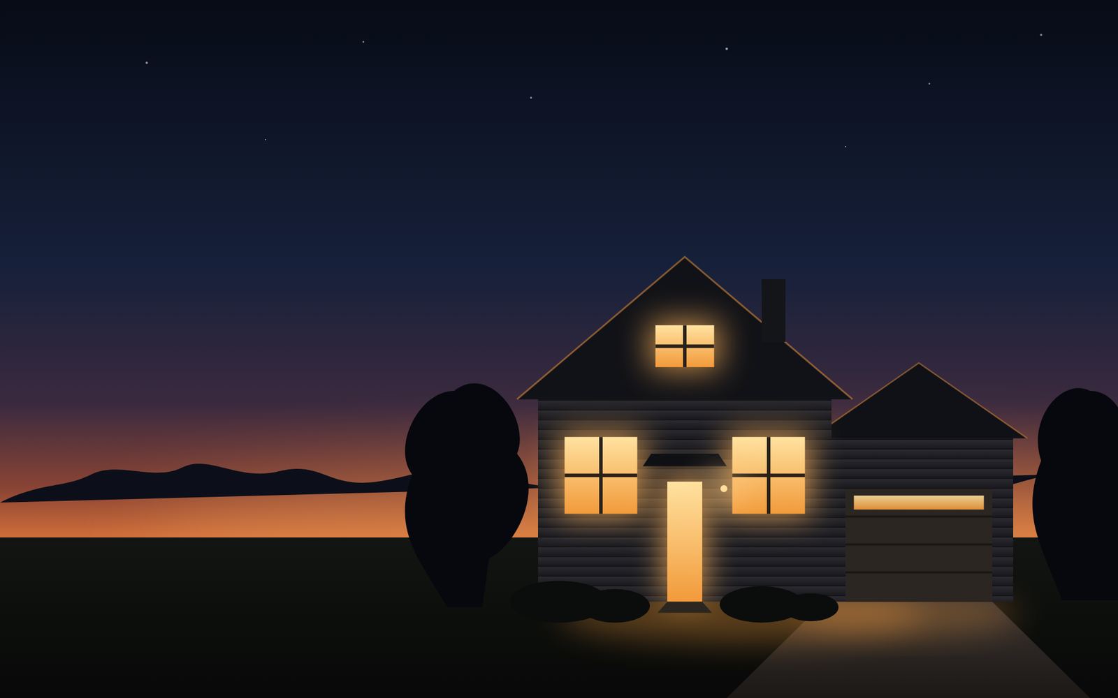 A two-story house with warmly lit windows at dusk